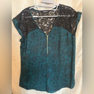 Express Teal and Black Lace Blouse